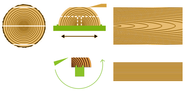 Flat sliced and Rift cut (ванчеве лущення, що поєднує строгання та ексцентричне лущення) — це комбінований метод обробки деревини, який поєднує два різних типи лущення для досягнення бажаного ефекту на поверхні матеріалу.